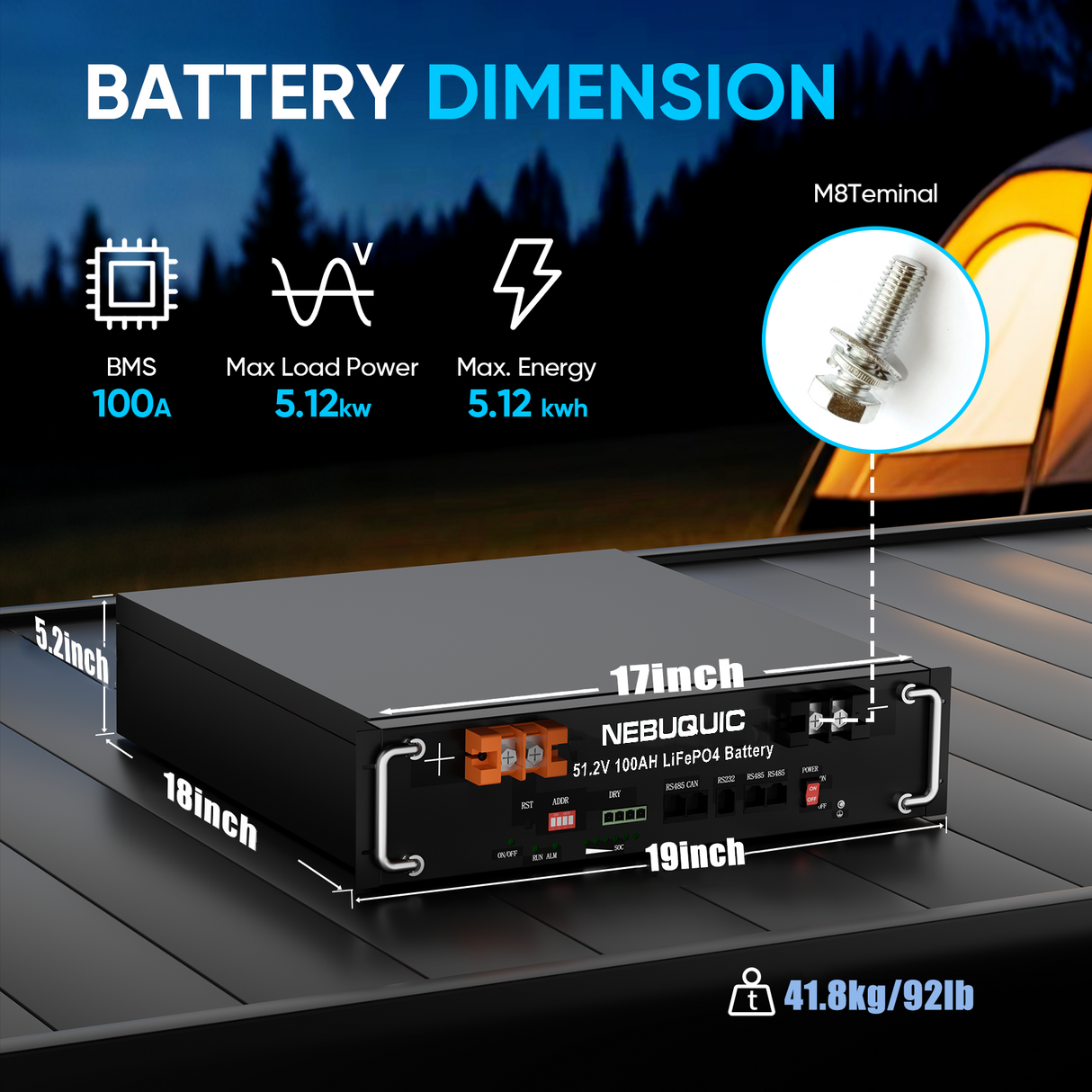 48V(51.2V) 100Ah Lithium LiFePO4 Battery with 100A BMS & Bluetooth APP, 5.12kWh 3U Rack Mount Server Battery, 6000+ Deep Cycles for Solar Energy Storage System, Off-Grid and Backup Power