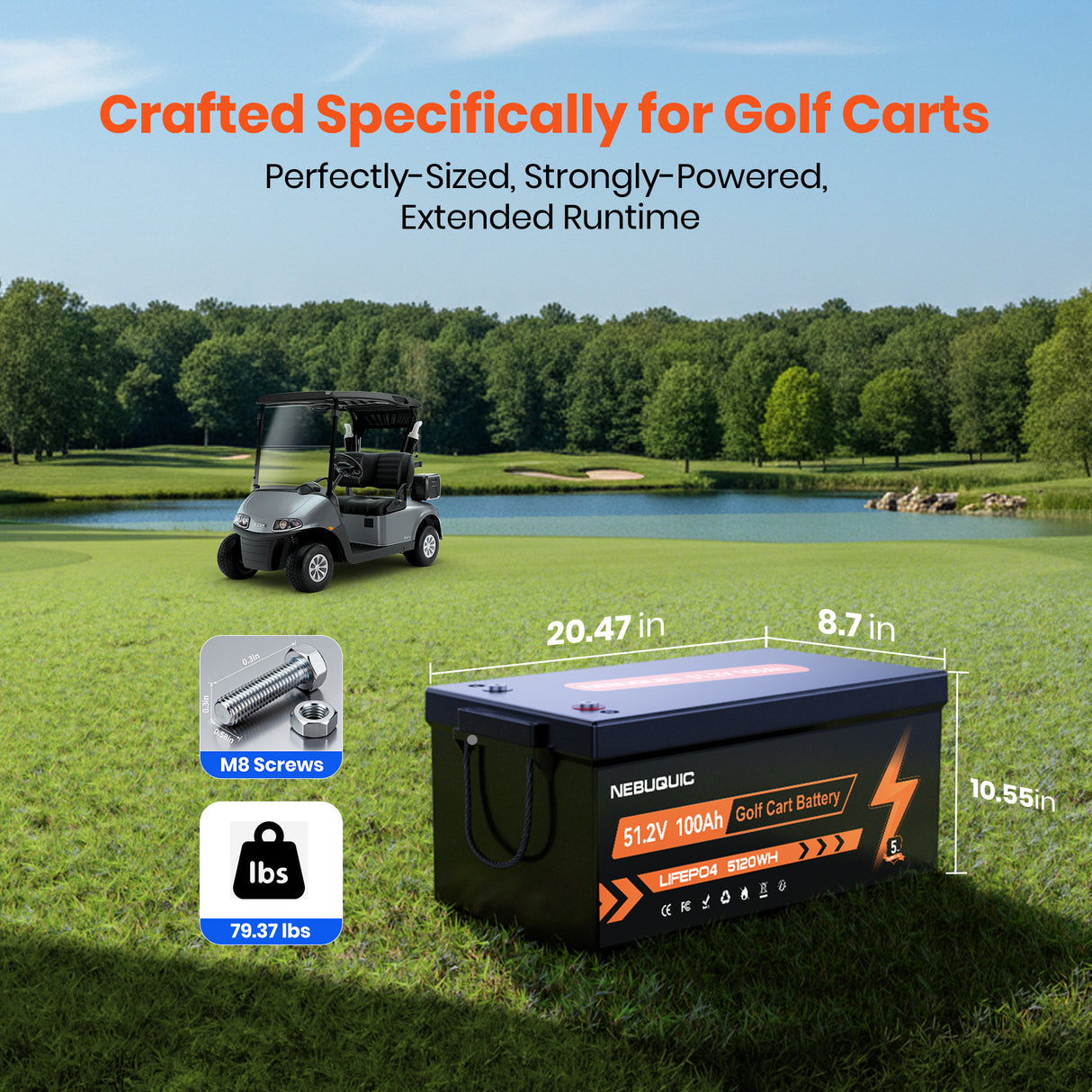 48V (51.2V) 100Ah LiFePO4 Golf Cart Battery, Built-in 200A BMS, 15000+ Deep Cycle Lithium Battery with Bluetooth APP, 18A Charger and LCD Display