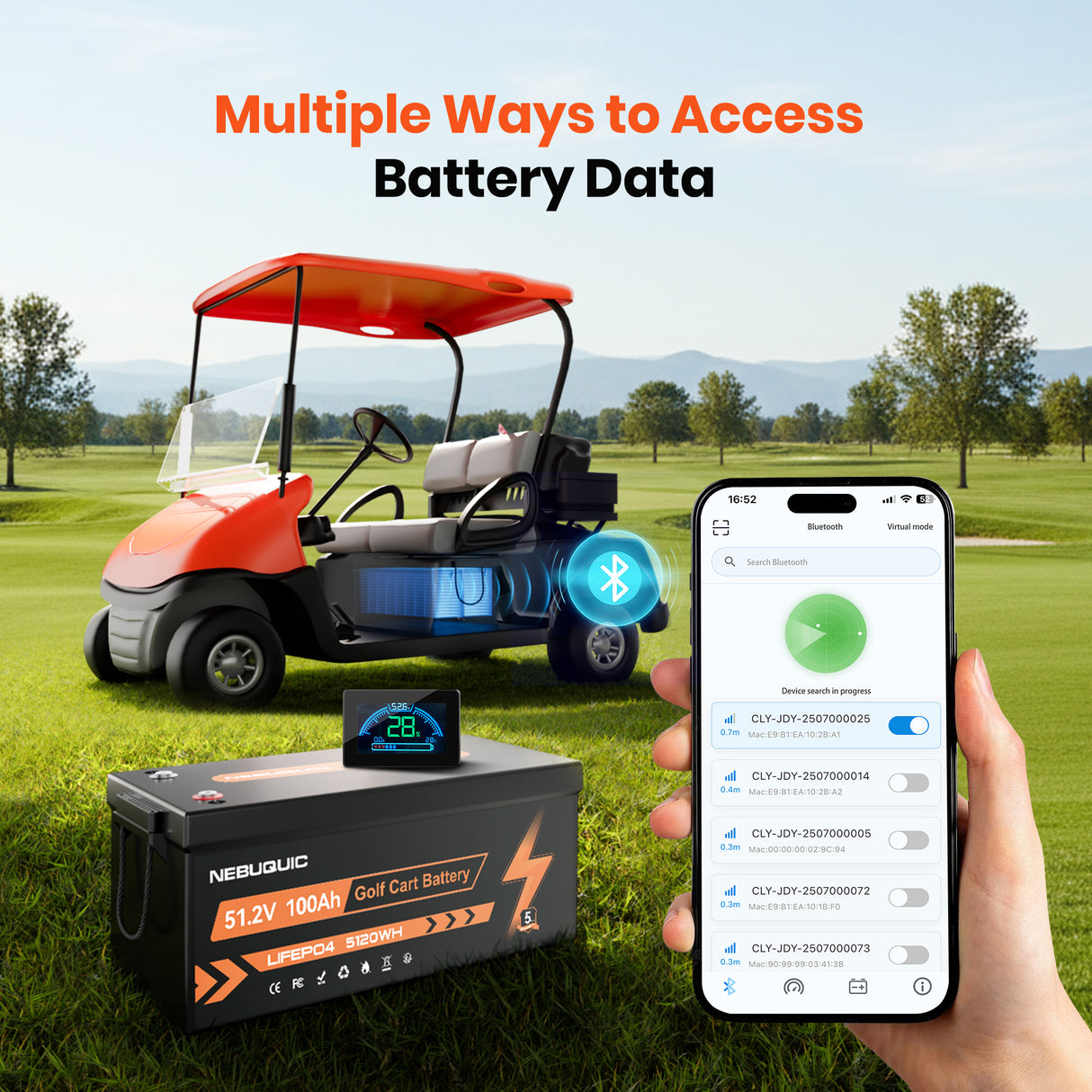 48V (51.2V) 100Ah LiFePO4 Golf Cart Battery, Built-in 200A BMS, 15000+ Deep Cycle Lithium Battery with Bluetooth APP, 18A Charger and LCD Display