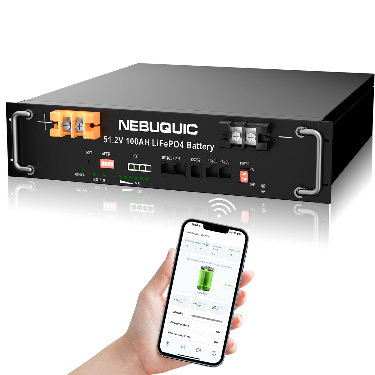 48V(51.2V) 100Ah Lithium LiFePO4 Battery with 100A BMS & Bluetooth APP, 5.12kWh 3U Rack Mount Server Battery, 6000+ Deep Cycles for Solar Energy Storage System, Off-Grid and Backup Power