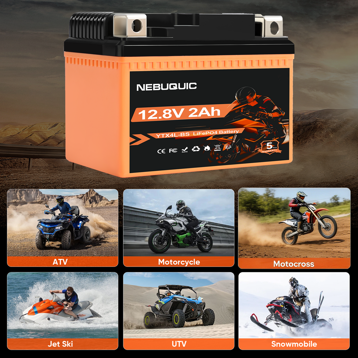 YTX4L-BS 200CCA Lithium LiFePO4 Motorcycle Battery, 12V 2Ah Maintenance Free Powersport Replacement Battery