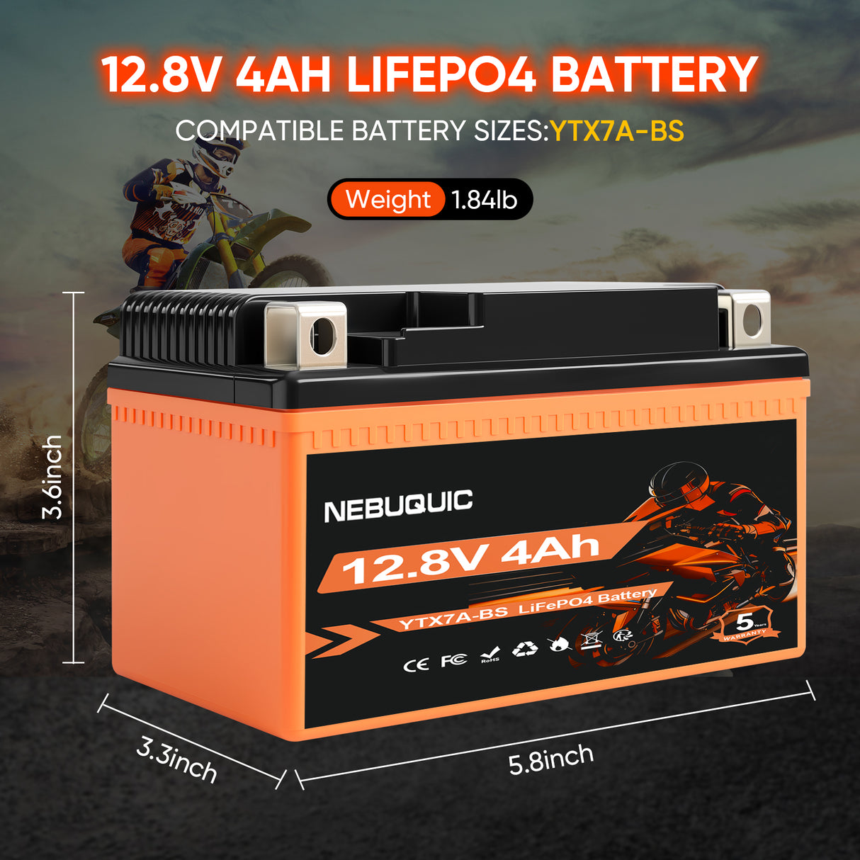 YTX7A-BS 400CCA Lithium LiFePO4 Motorcycle Battery, 12V 4Ah Maintenance Free Powersport Replacement Battery