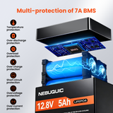 12V 5Ah LiFePO4 Battery, 3000+ Cycles & T1 Terminal Rechargeable Lithium Iron Phosphate Battery with BMS