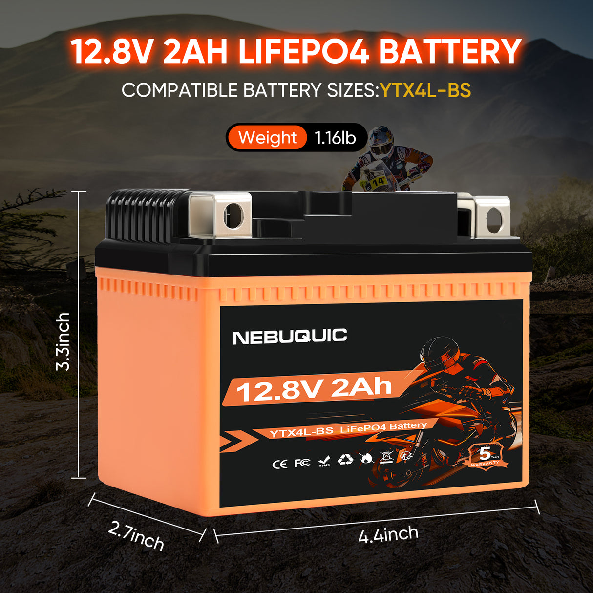 YTX4L-BS 200CCA Lithium LiFePO4 Motorcycle Battery, 12V 2Ah Maintenance Free Powersport Replacement Battery