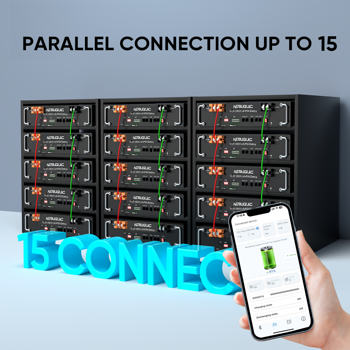 48V(51.2V) 100Ah Lithium LiFePO4 Battery with 100A BMS & Bluetooth APP, 5.12kWh 3U Rack Mount Server Battery, 6000+ Deep Cycles for Solar Energy Storage System, Off-Grid and Backup Power