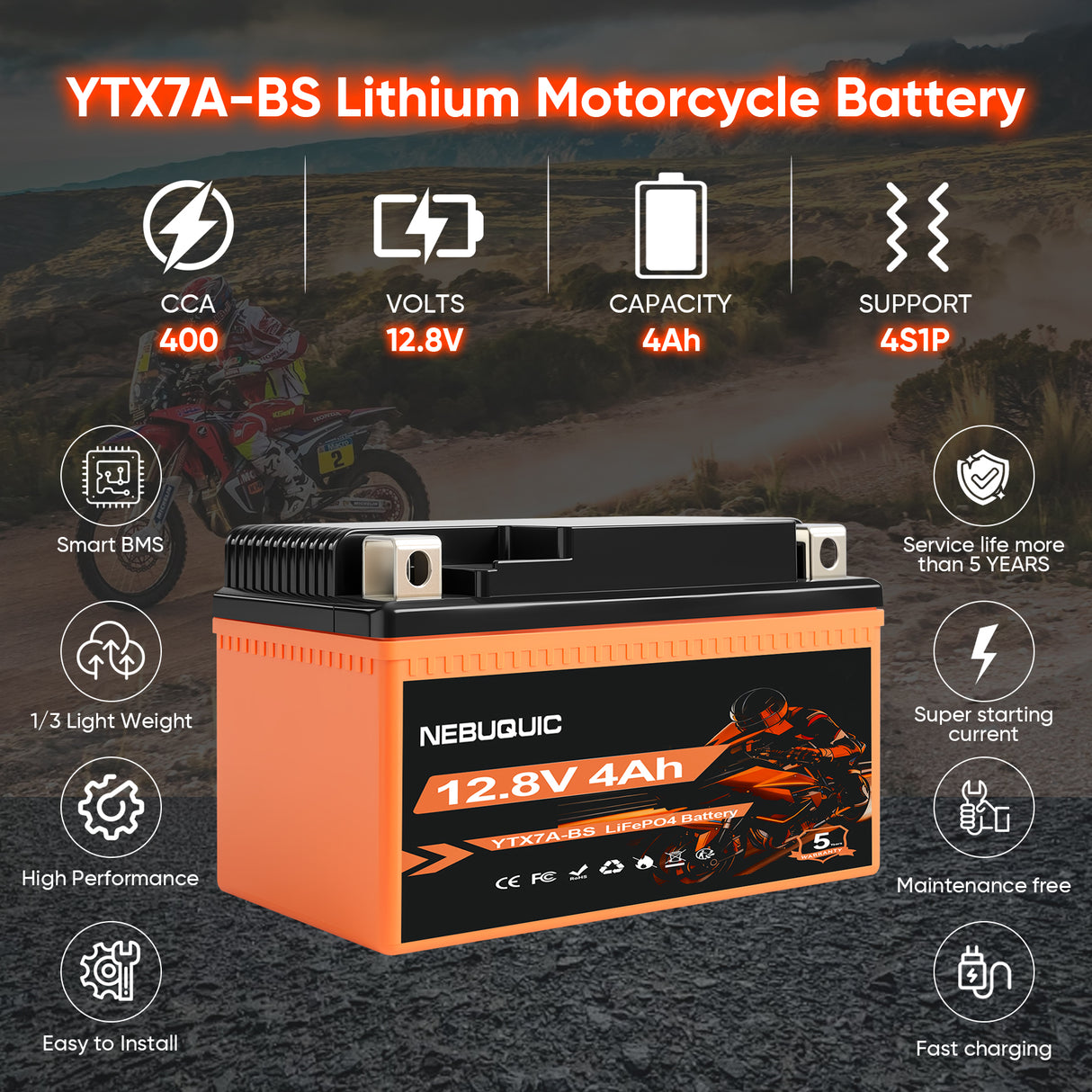 YTX7A-BS 400CCA Lithium LiFePO4 Motorcycle Battery, 12V 4Ah Maintenance Free Powersport Replacement Battery