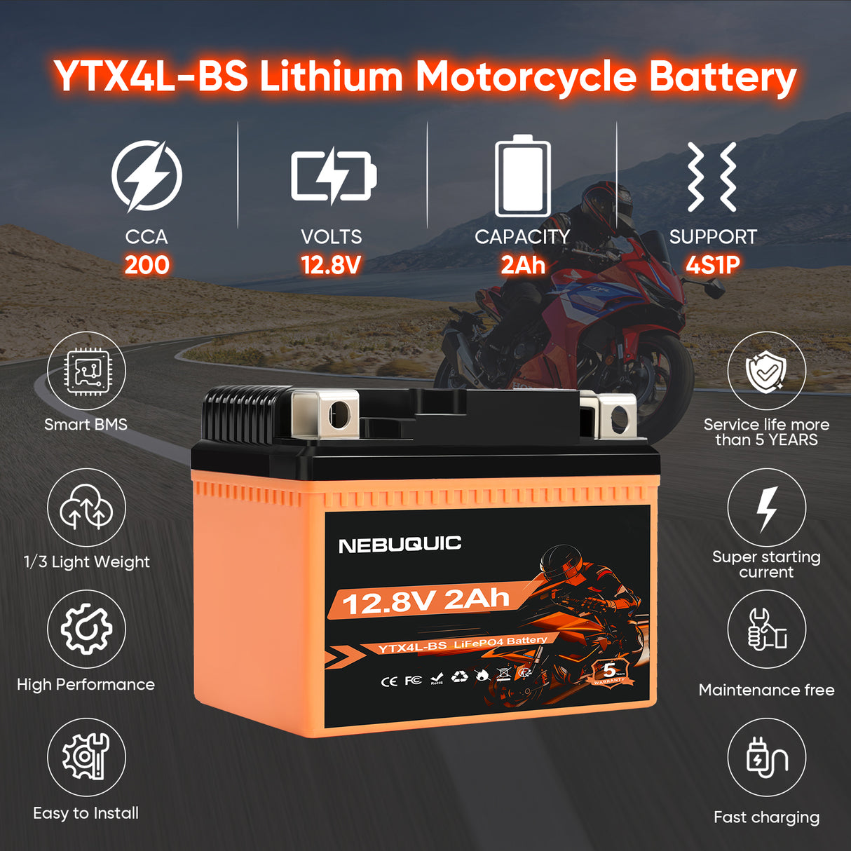 YTX4L-BS 200CCA Lithium LiFePO4 Motorcycle Battery, 12V 2Ah Maintenance Free Powersport Replacement Battery