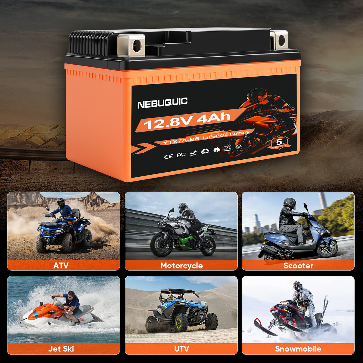 YTX7A-BS 400CCA Lithium LiFePO4 Motorcycle Battery, 12V 4Ah Maintenance Free Powersport Replacement Battery